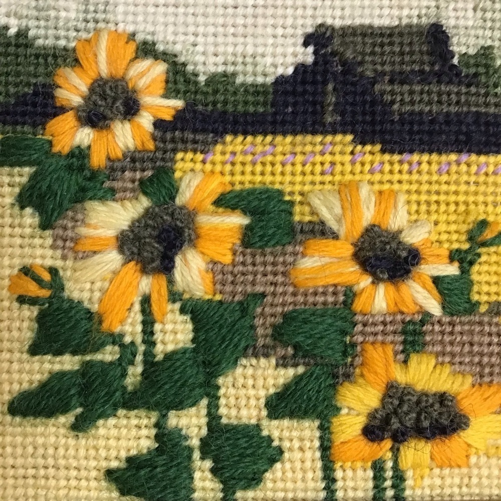 Sunflowers Needlepoint PAIR Wool Crewel Work 1979 Framed Art Farmhouse Landscape - Picture 5 of 14